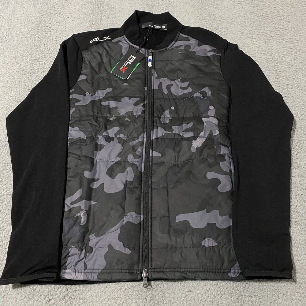 RLX Ralph Lauren Polo Sweater Mens M Black Camo Wool Blend Puffer Zip Golf $278